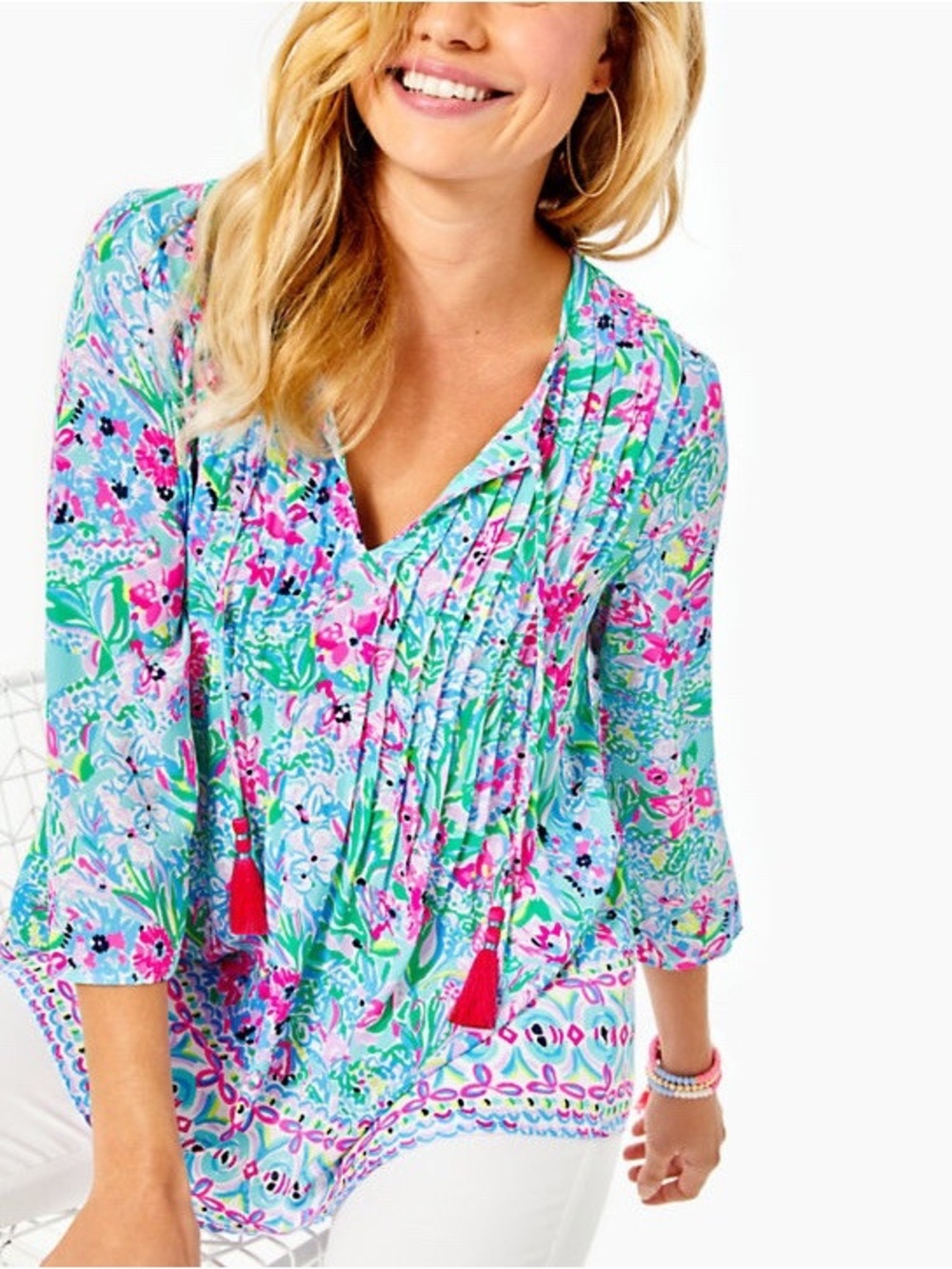 Lilly Pulitzer XXS Marilina V Neck Aqua Floral Pintuck Tassel Casual Multi Tunic